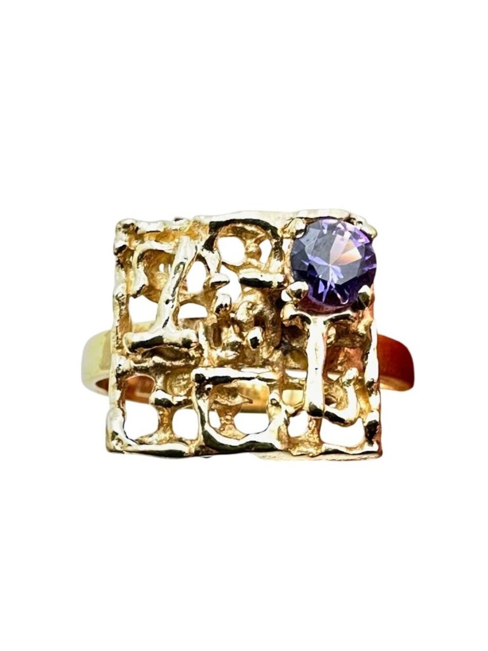 Vintage European Ring 8K Gold Purple Sapphire Modernist Design Size 7 1/4